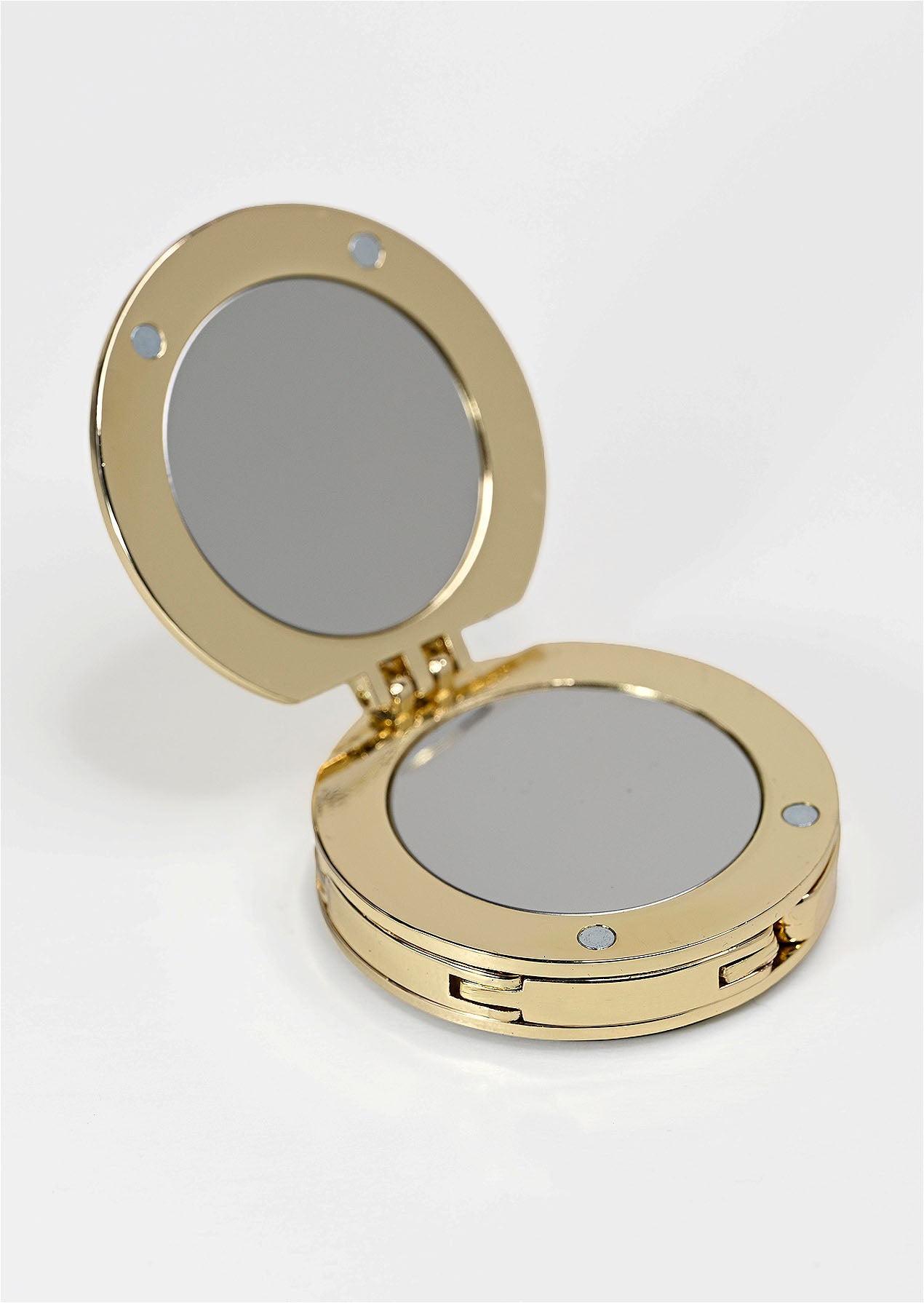 gold foldable purse hook open with mirror in top of the purse hanger