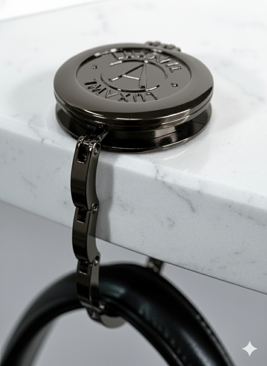 Luxury foldable table bag hook in shiny black on a white marble table holding a black designer bag