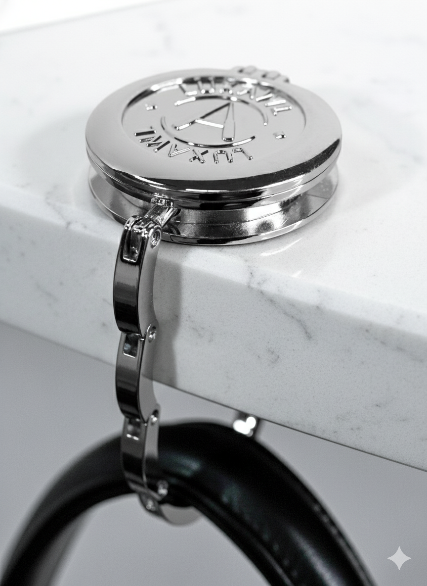 Silver foldable bag table hook for purse on a while marble table with black bag hanging